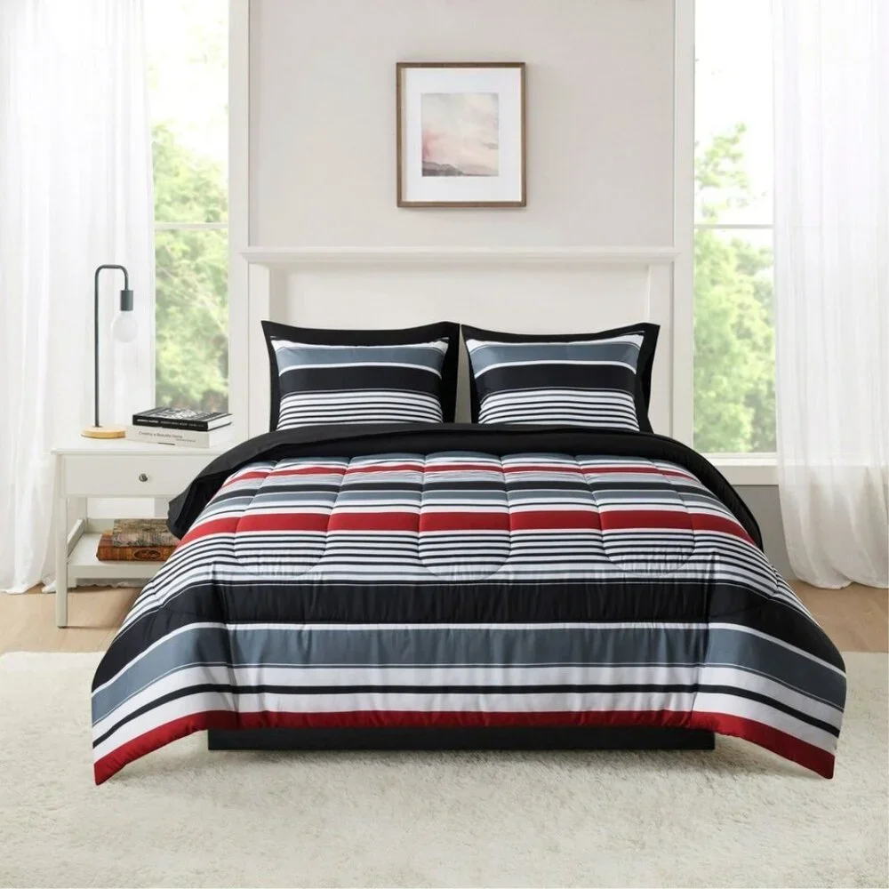 Mainstays Comforter Set w/ Sheets Queen 7 Pieces Red, Black, White Stripes NEW